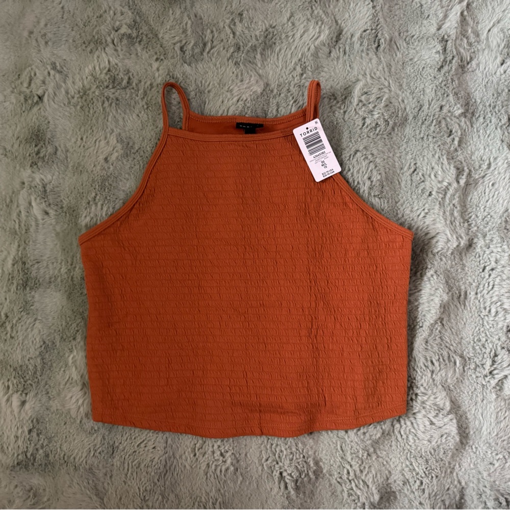 Torrid 00 Orange Krinkle Knit Goddess Neck Crop Tank